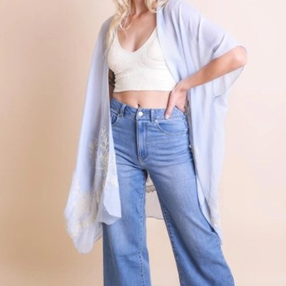 Lightweight Floral Embroidered Tassels Boho Festival Kimono Wrap Blue